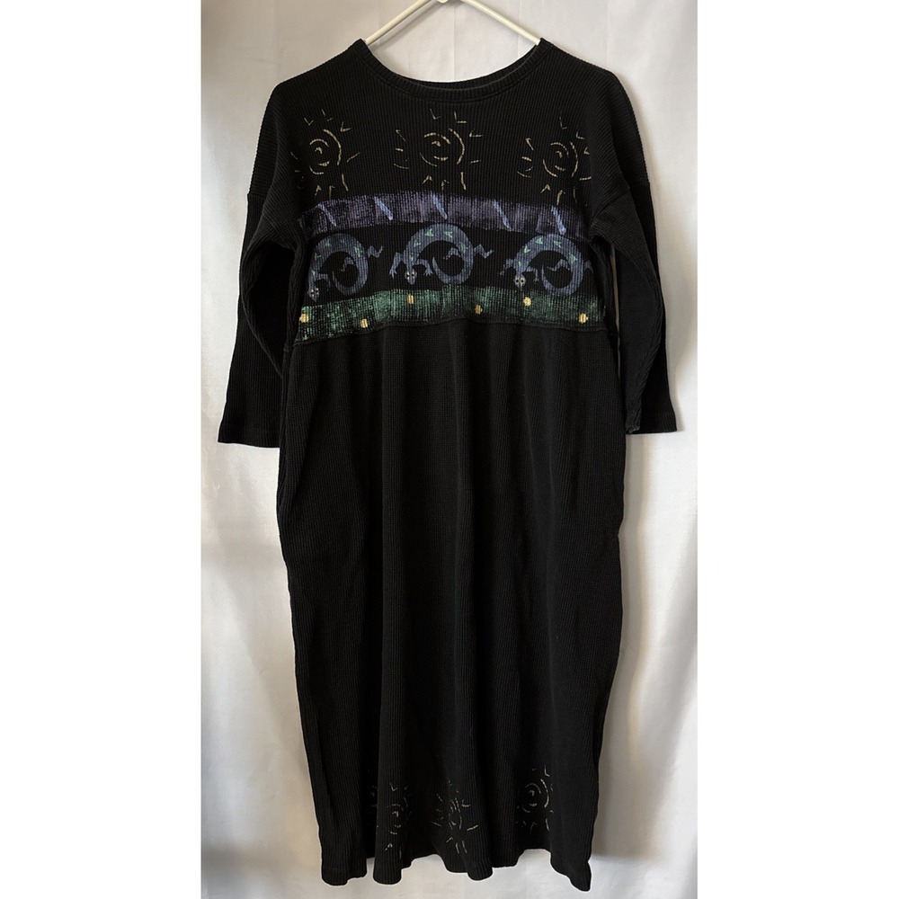 Womens Black Waffle Knit Dress Sz M Thermal 3/4‎ sleeve Comfort Sun Lizard Art